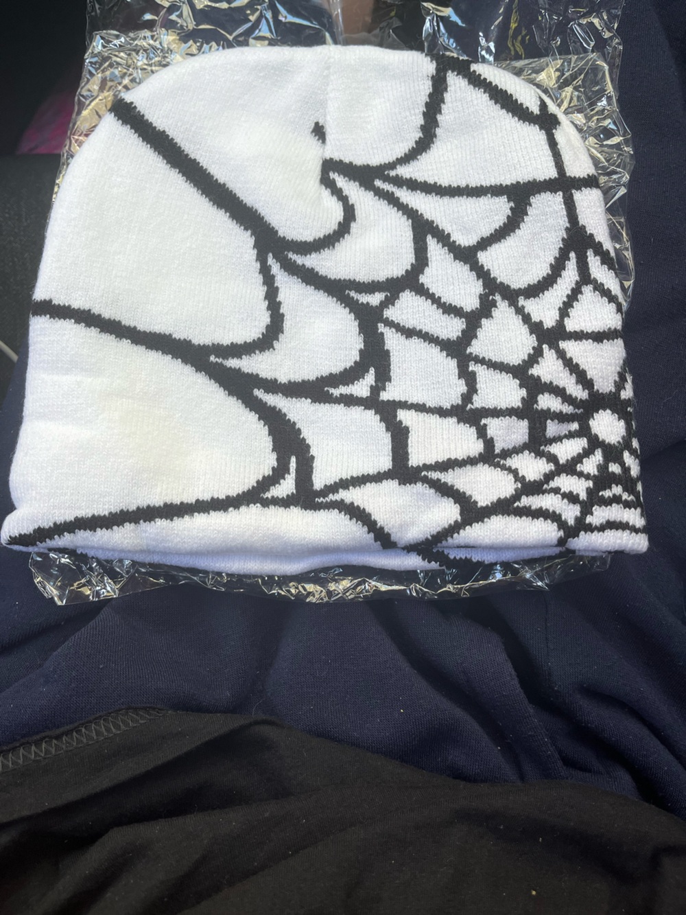 White & Black Spiderweb Knit Beanie Hat - Unbranded